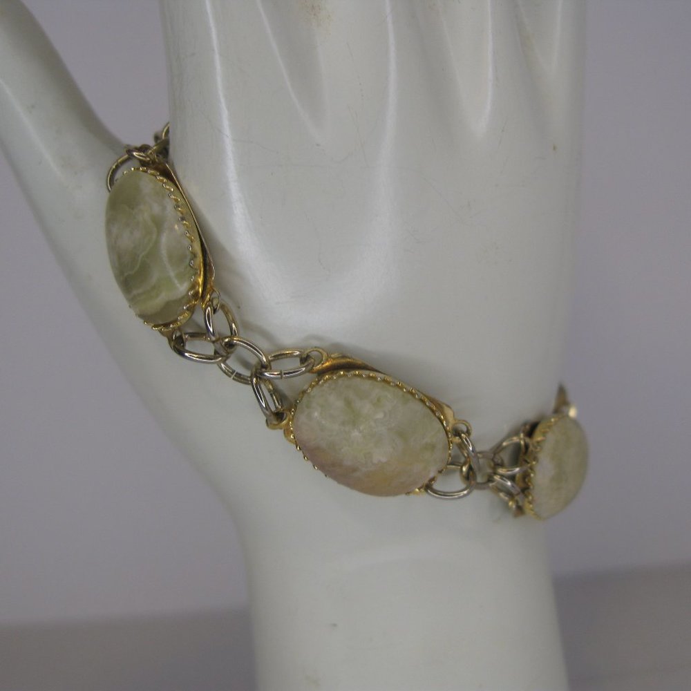 Vintage Light Green Stone Gold Tone Bracelet 7" Long